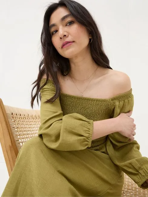 Women Fatface Dresses Adele Green Midi Dress With Linen Women Fatface Dresses Adele Green Midi Dress With Linen