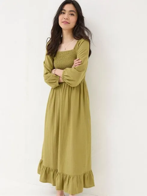 Women Fatface Dresses Adele Green Midi Dress With Linen Women Fatface Dresses Adele Green Midi Dress With Linen