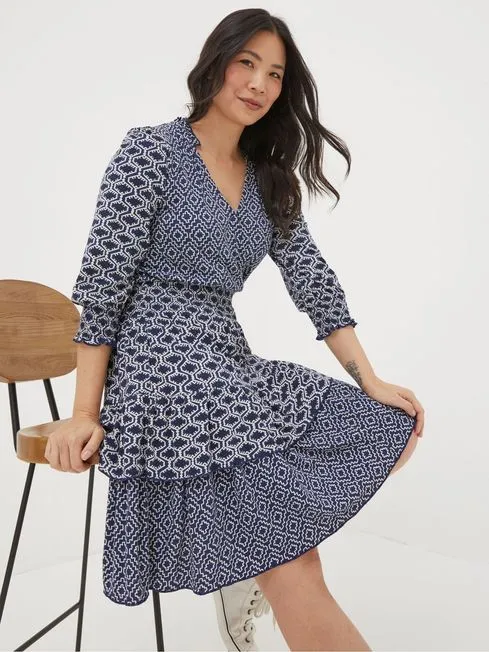 Women Fatface Dresses Blue Amba Patchwork Geo Jersey Dress
