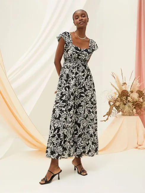 Women Fatface Floral Dresses Dahlia Black Botanical Midi Dress