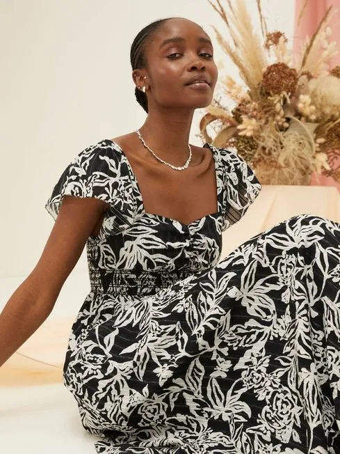 Women Fatface Floral Dresses Dahlia Black Botanical Midi Dress