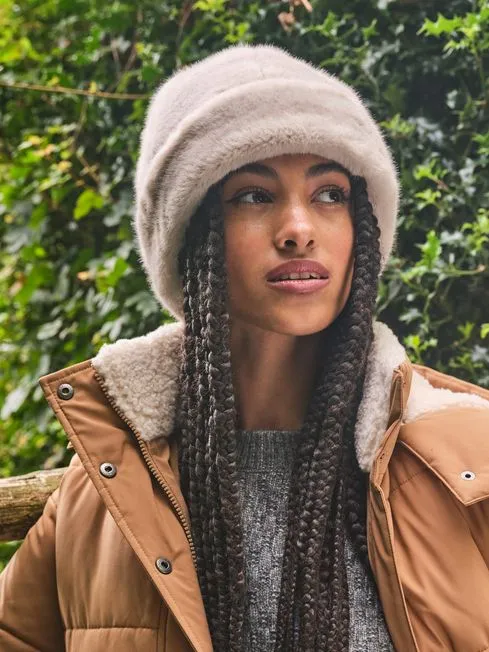 Women Fatface Hats Natural Faux Fur Beanie