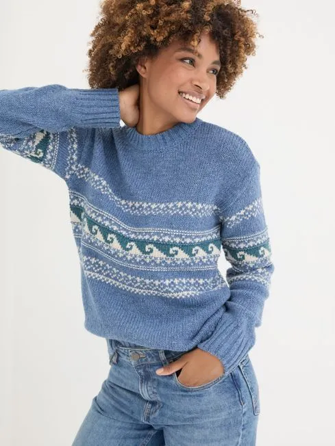 Women Fatface Knitwear Blue Shelter Wave Jumper