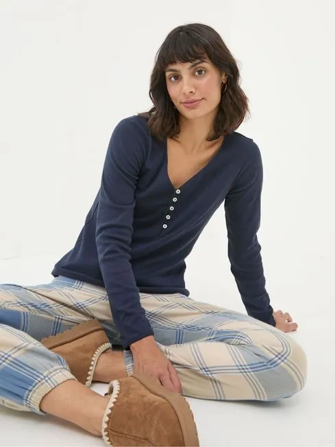 Women Fatface Pajamas and Nightwear Lila Navy Henley Pyjama Top