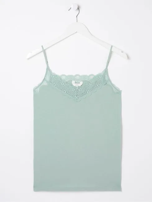 Women Fatface Tops and TShirts Green VNeck Lace Camisole