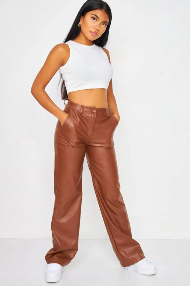 Women Faux Leather Flared Trousers In Brown Brown Brentiny Paris Pants