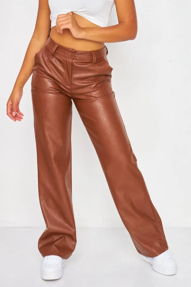 Women Faux Leather Flared Trousers In Brown Brown Brentiny Paris Pants