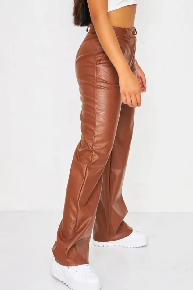 Women Faux Leather Flared Trousers In Brown Brown Brentiny Paris Pants