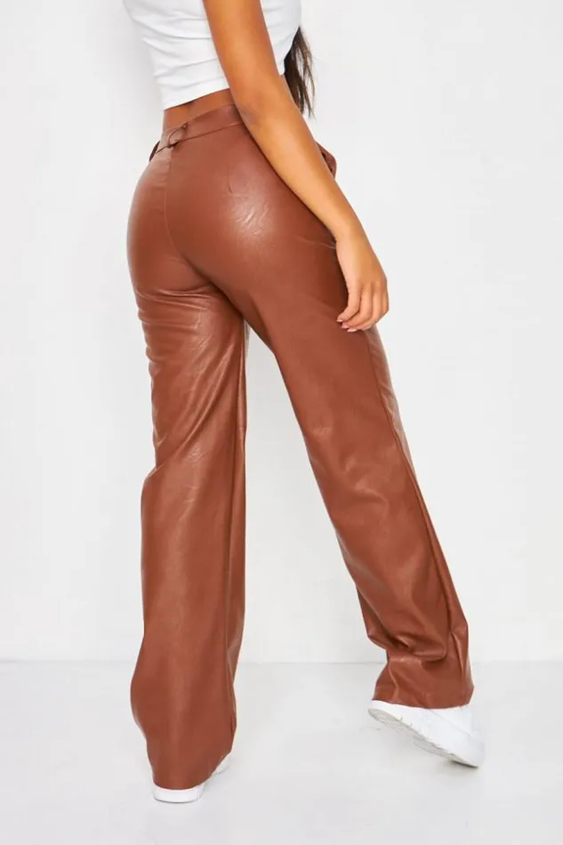Women Faux Leather Flared Trousers In Brown Brown Brentiny Paris Pants