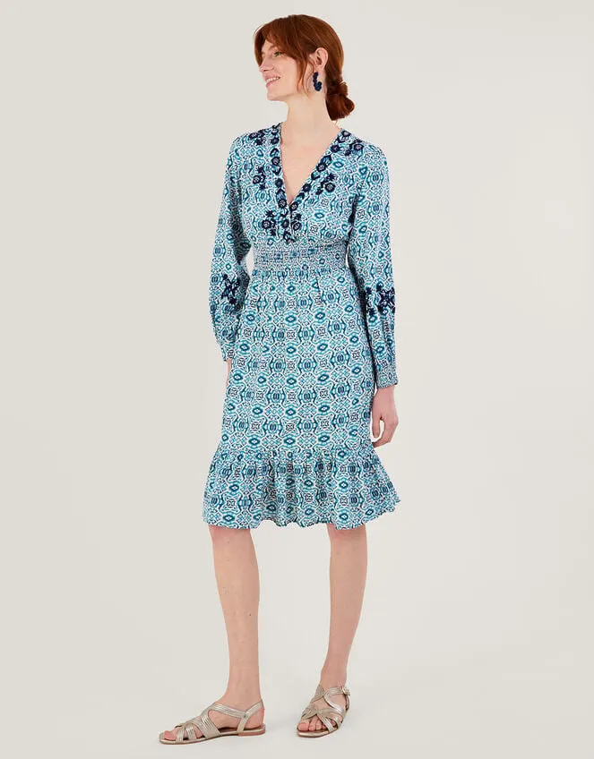 Women Faye Geometric Print Embroidered Dress In Lenzing Ecovero Blue Monsoon Dresses