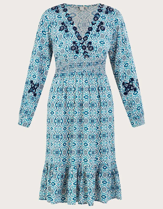 Women Faye Geometric Print Embroidered Dress In Lenzing Ecovero Blue Monsoon Dresses