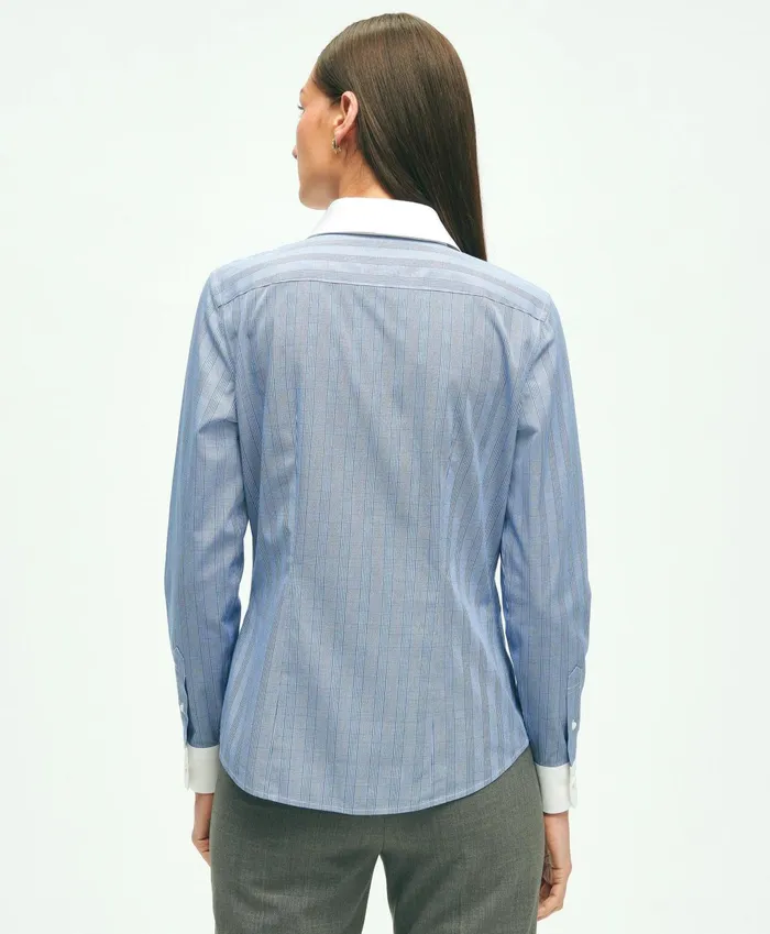 Women Fitted Stretch Supima Cotton NonIron Striped Dress Shirt Navywhite Brooks Brothers Blouses and Shirts