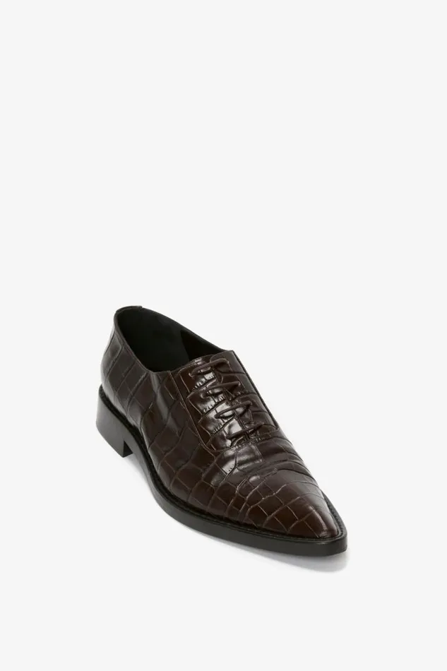 Women Flats Victoria Beckham Pointy Toe Flat Lace Up In Chocolate CrocEffect Leather
