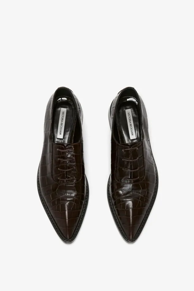 Women Flats Victoria Beckham Pointy Toe Flat Lace Up In Chocolate CrocEffect Leather