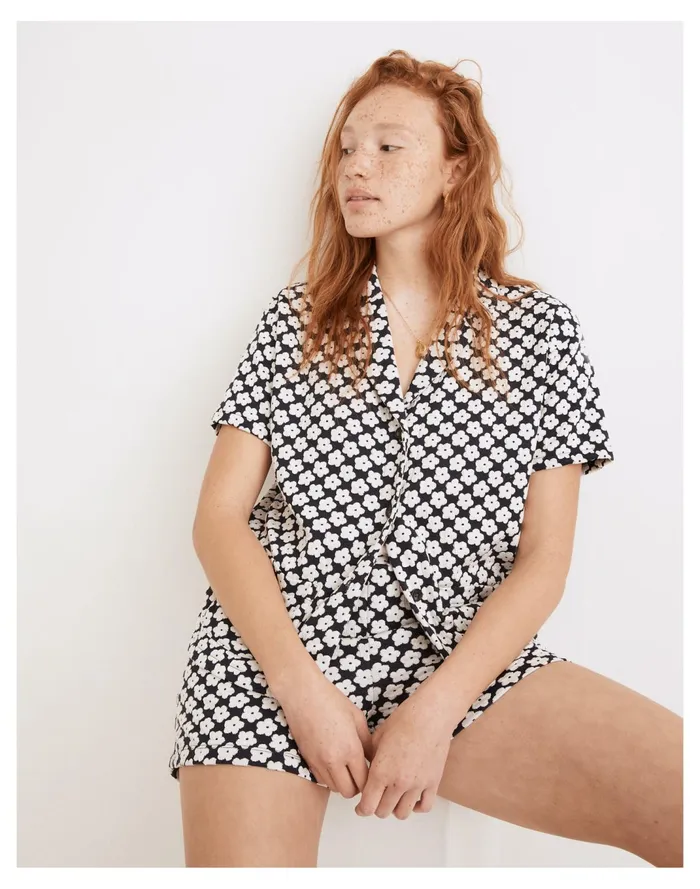 Women Floral Check Jacquard Knit Camp Shirt Dark Nightfall Madewell Tees