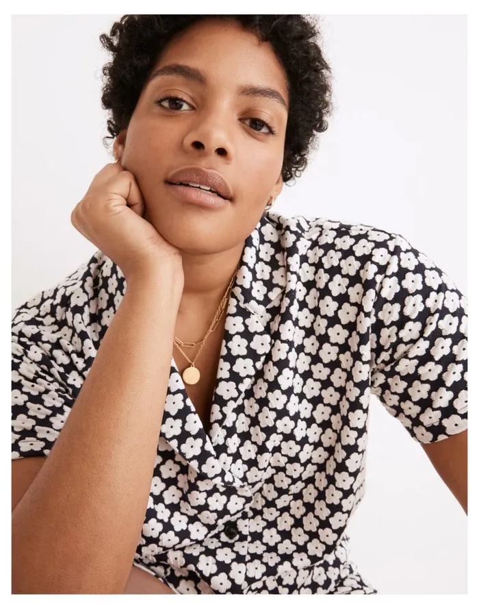 Women Floral Check Jacquard Knit Camp Shirt Dark Nightfall Madewell Tees Women Floral Check Jacquard Knit Camp Shirt Dark Nightfall Madewell Tees