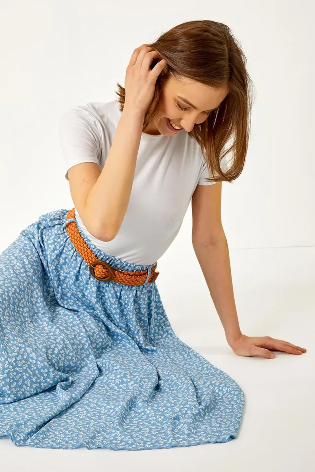 Women Floral Print Belted Elastic Waist Midi Skirt Roman Skirts