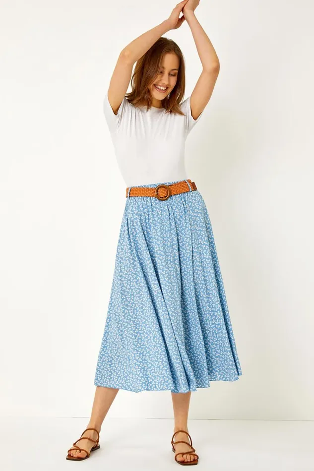 Women Floral Print Belted Elastic Waist Midi Skirt Roman Skirts