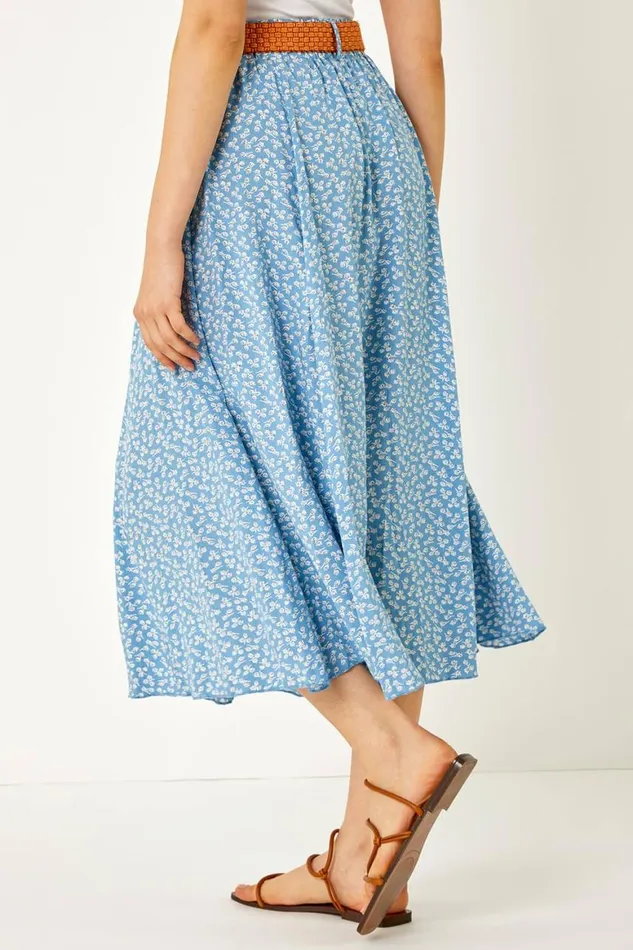 Women Floral Print Belted Elastic Waist Midi Skirt Roman Skirts
