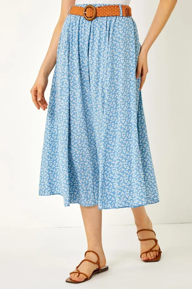 Women Floral Print Belted Elastic Waist Midi Skirt Roman Skirts