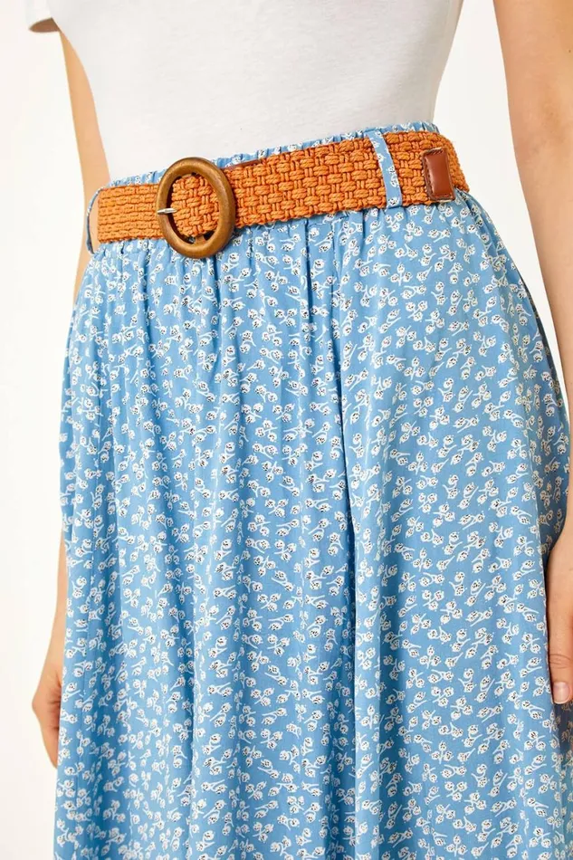 Women Floral Print Belted Elastic Waist Midi Skirt Roman Skirts