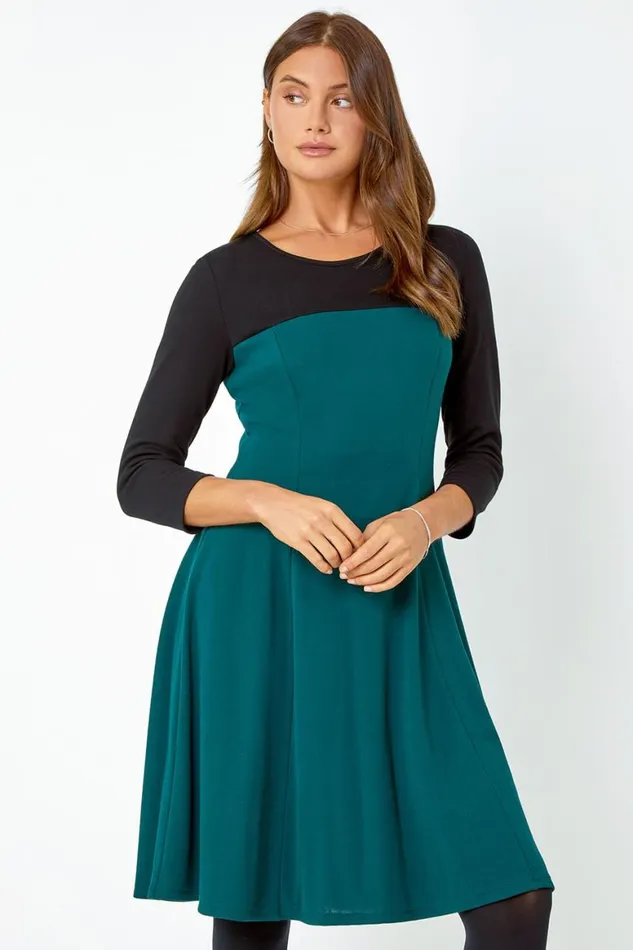 Women Forest Colour Block Skater Stretch Dress Roman Dresses