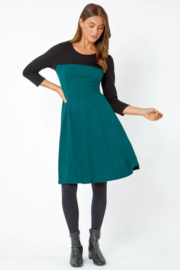 Women Forest Colour Block Skater Stretch Dress Roman Dresses