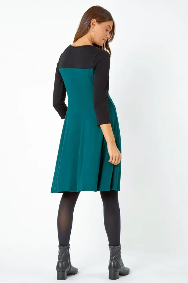 Women Forest Colour Block Skater Stretch Dress Roman Dresses