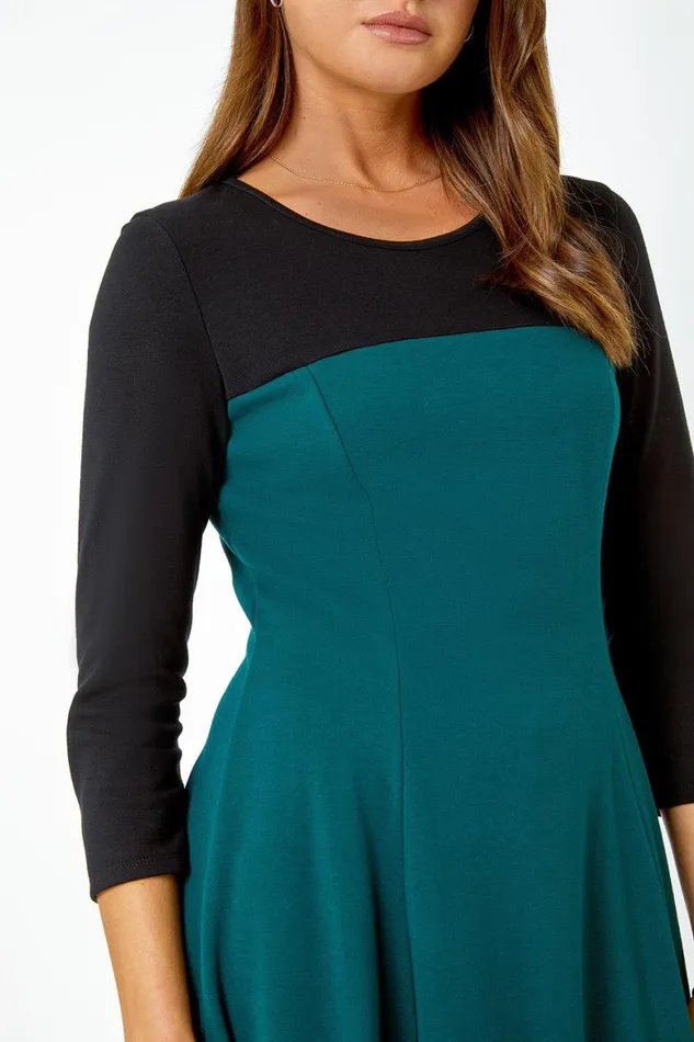 Women Forest Colour Block Skater Stretch Dress Roman Dresses