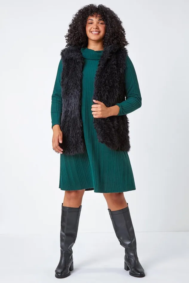 Women Forest Curve Roll Neck Ribbed Stretch Dress Roman Dresses
