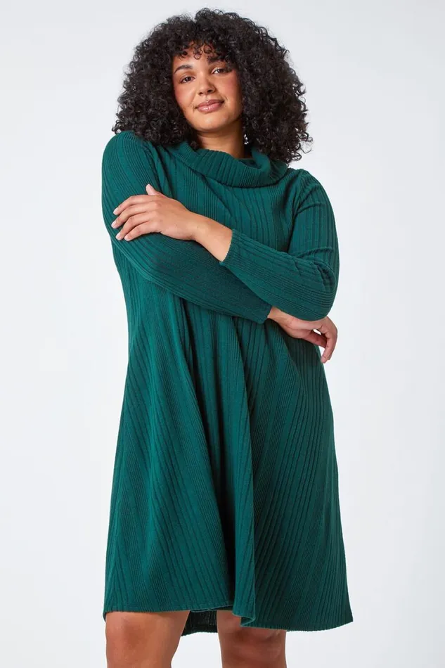 Women Forest Curve Roll Neck Ribbed Stretch Dress Roman Dresses