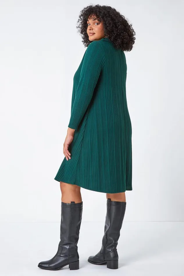 Women Forest Curve Roll Neck Ribbed Stretch Dress Roman Dresses