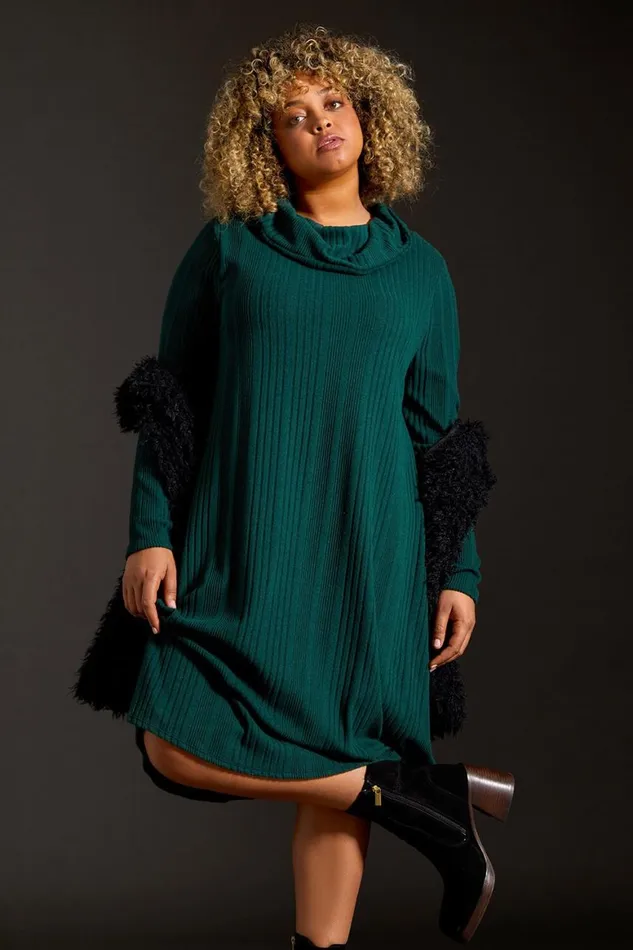 Women Forest Curve Roll Neck Ribbed Stretch Dress Roman Dresses