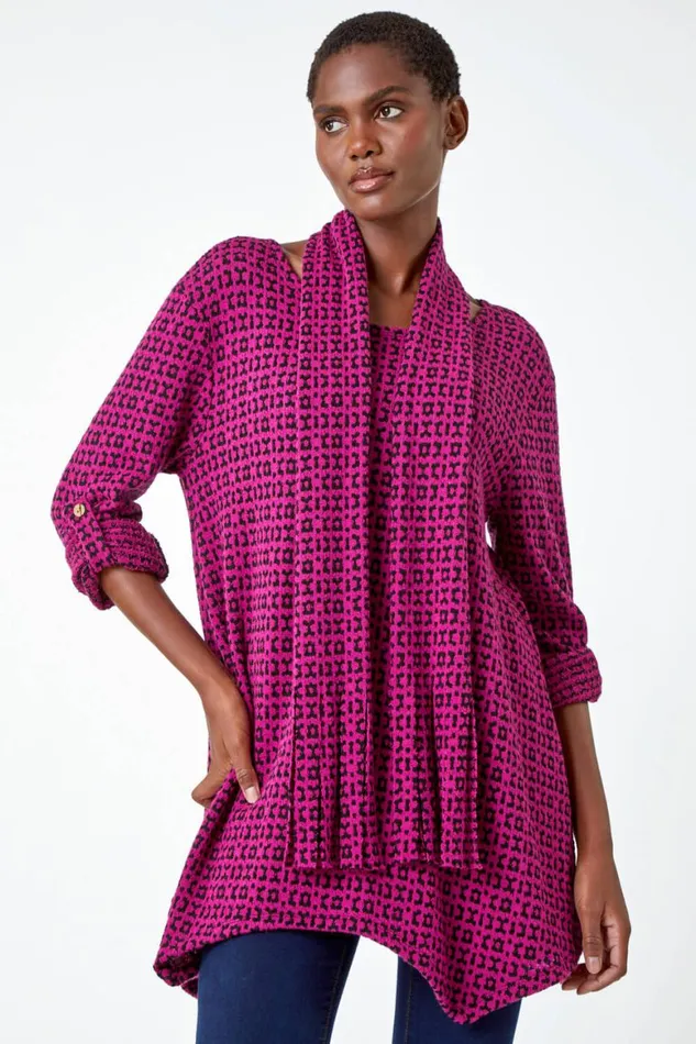 Women Fuchsia Abstract Print Stretch Tunic Top and Scarf Roman Tops