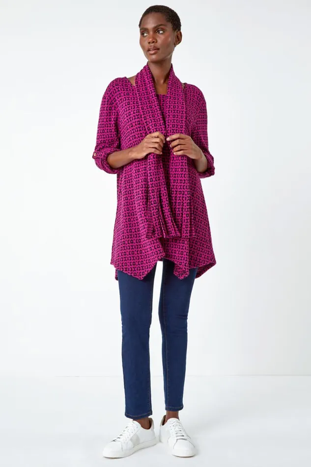 Women Fuchsia Abstract Print Stretch Tunic Top and Scarf Roman Tops