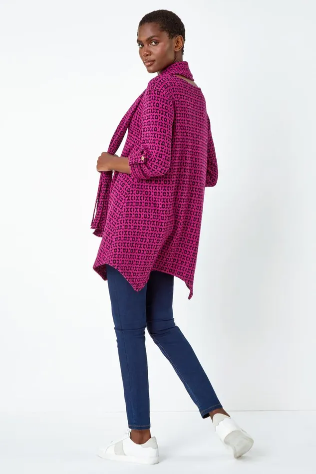 Women Fuchsia Abstract Print Stretch Tunic Top and Scarf Roman Tops