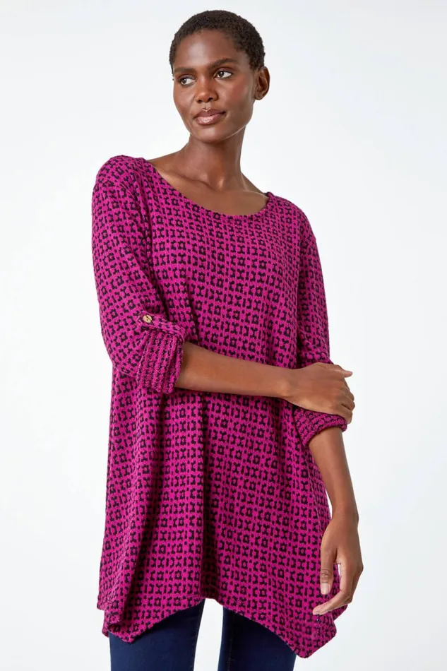 Women Fuchsia Abstract Print Stretch Tunic Top and Scarf Roman Tops