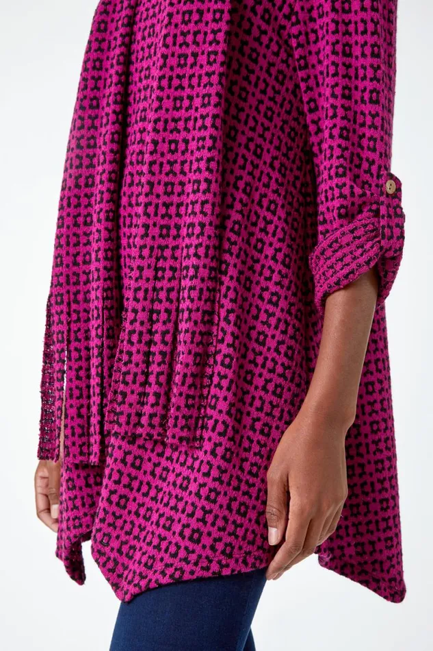 Women Fuchsia Abstract Print Stretch Tunic Top and Scarf Roman Tops