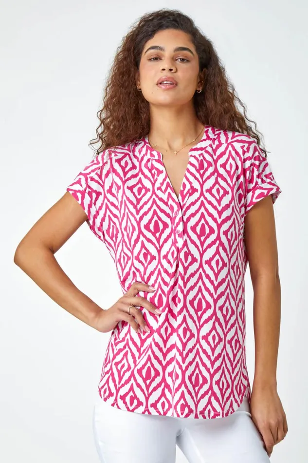Women Fuchsia Aztec Print Overshirt VNeck Stretch Top Roman Tops