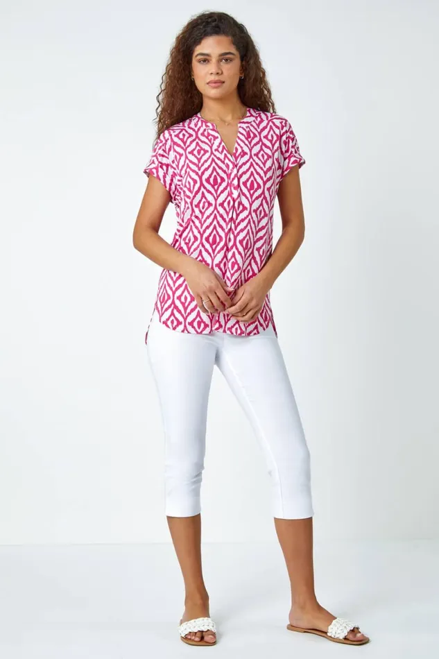 Women Fuchsia Aztec Print Overshirt VNeck Stretch Top Roman Tops