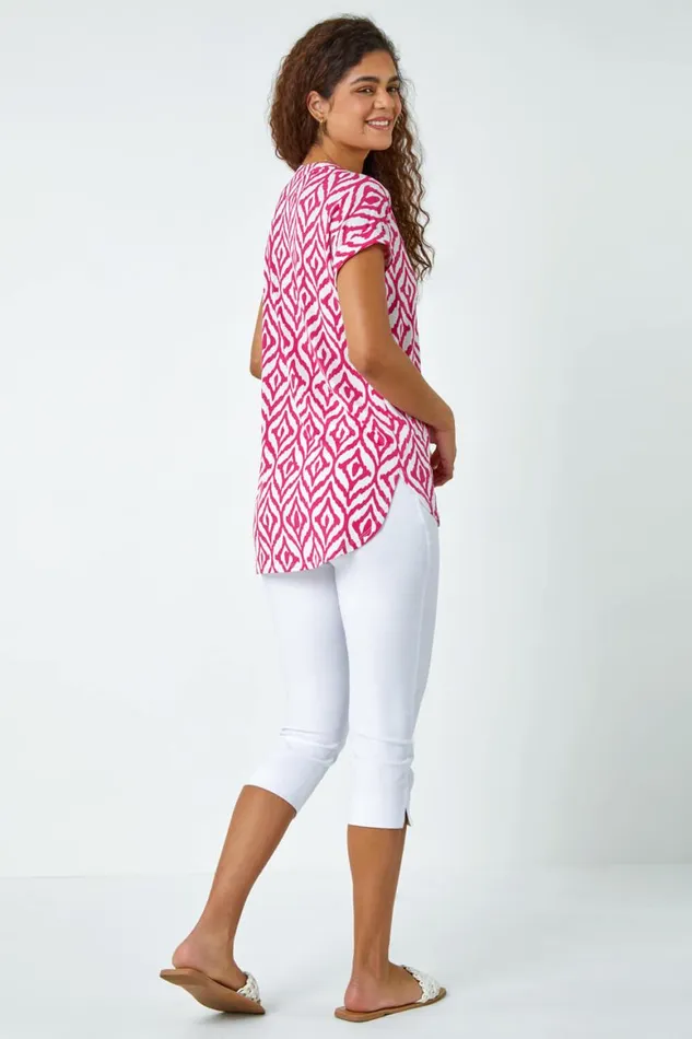 Women Fuchsia Aztec Print Overshirt VNeck Stretch Top Roman Tops