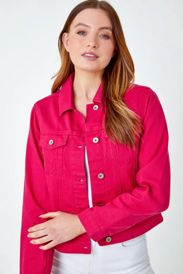 Women Fuchsia Classic Cotton Denim Jacket Roman Jackets