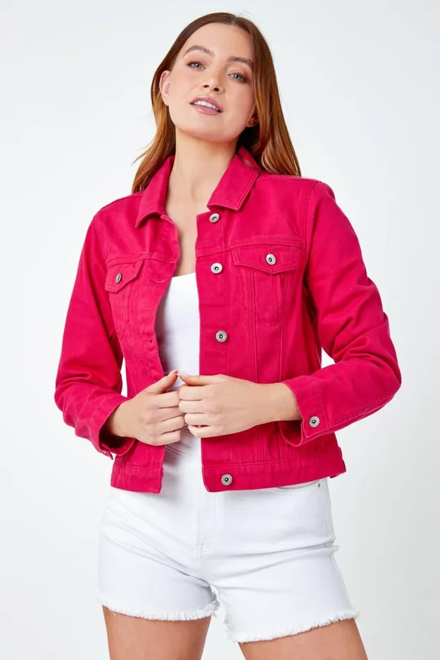 Women Fuchsia Classic Cotton Denim Jacket Roman Jackets