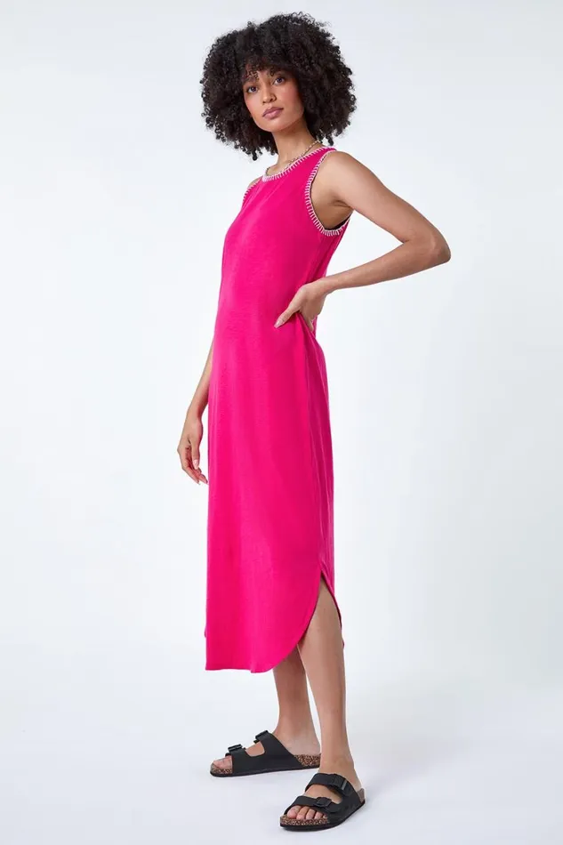Women Fuchsia Contrast Stitch Stretch Jersey Midi Dress Roman Dresses