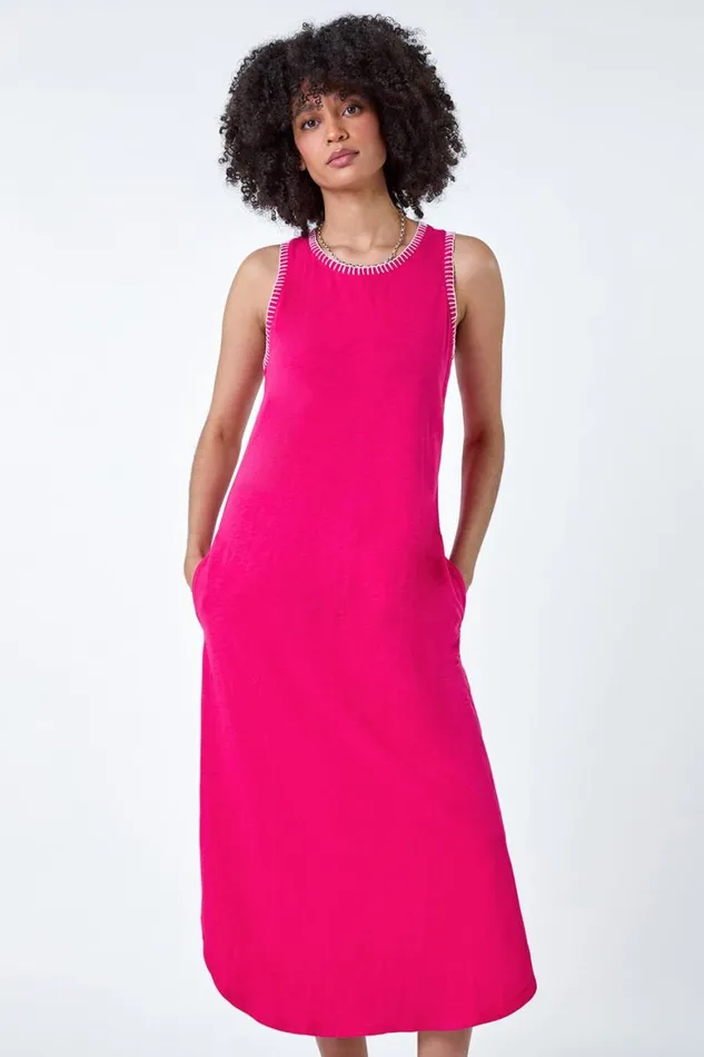 Women Fuchsia Contrast Stitch Stretch Jersey Midi Dress Roman Dresses