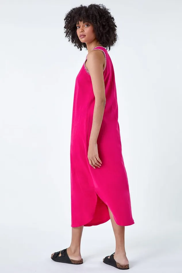 Women Fuchsia Contrast Stitch Stretch Jersey Midi Dress Roman Dresses
