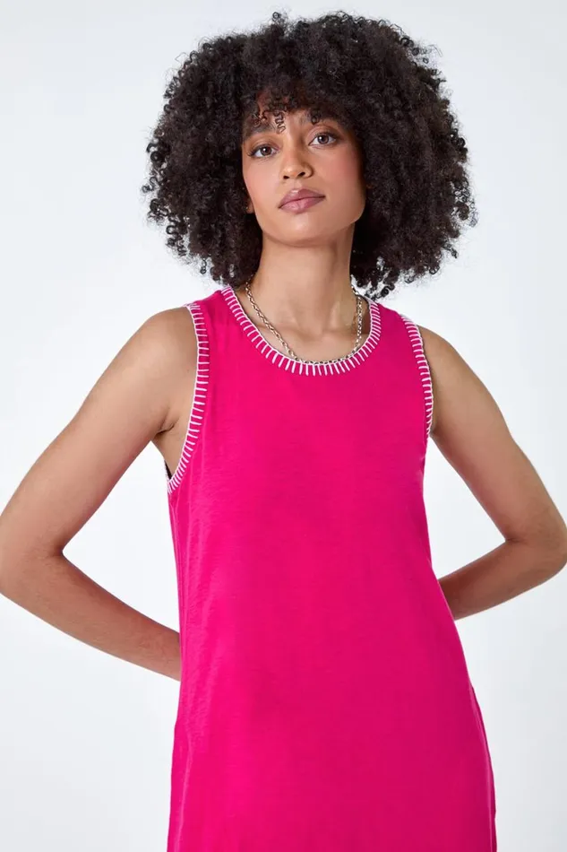 Women Fuchsia Contrast Stitch Stretch Jersey Midi Dress Roman Dresses