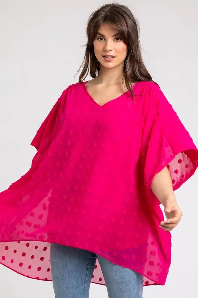 Women Fuchsia Curve Textured Spot Chiffon Overlay Top Roman Tops