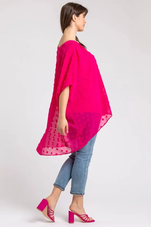 Women Fuchsia Curve Textured Spot Chiffon Overlay Top Roman Tops