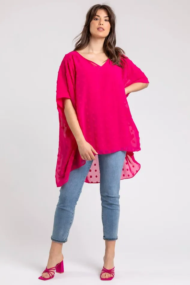 Women Fuchsia Curve Textured Spot Chiffon Overlay Top Roman Tops